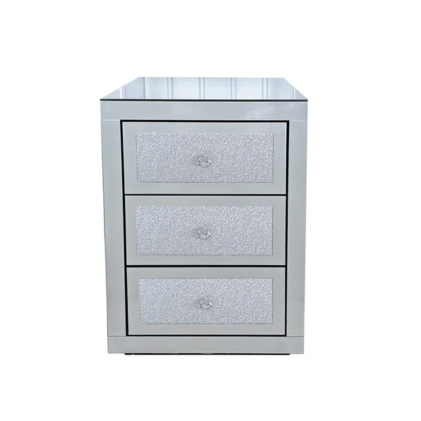 English Elm 3-Drawer Mirrored Nightstand with Crystal Knobs, Glitter Drawers, Silent-Glide Storage Accent Table W3836P362100