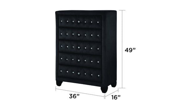 English Elm HAZEL King Tufted 5PC Velvet Bedroom Set with USB Ports, Speakers, Solid Wood, Storage, Black B009S02080