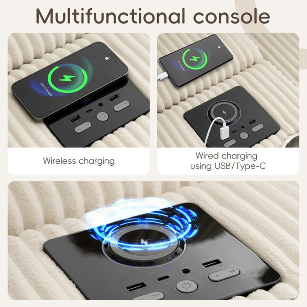 English Elm 114*64'' Corduroy Cloud Sectional with Bluetooth Speakers Usb Charging Ottoman Lounge Sofa N723S9756A