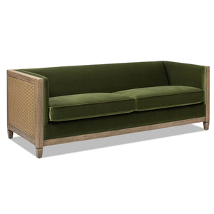 English Elm Jennifer Taylor Home - Georgia 81" Cane Rattan Tuxedo Sofa Olive Green Performance Velvet Solid Oak Frame Removable Cushions B2719P238322