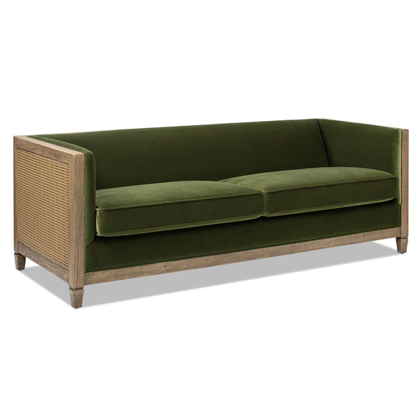 English Elm Jennifer Taylor Home - Georgia 81" Cane Rattan Tuxedo Sofa Olive Green Performance Velvet Solid Oak Frame Removable Cushions B2719P238322