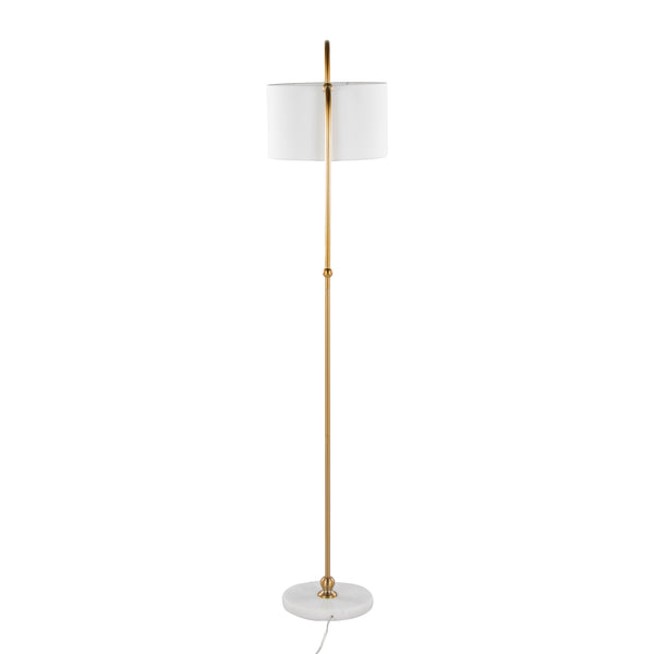 English Elm Leslie Gold Art Deco Floor Lamp with White Marble Base and Linen Drum Shade, 63" Glam Accent B202P224140