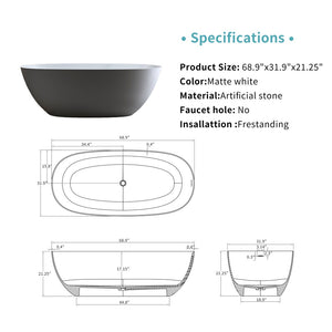 English Elm 69'' Freestanding Resin Stone Soaking Tub Spa Bathing with Polished White Surface W2753P347508
