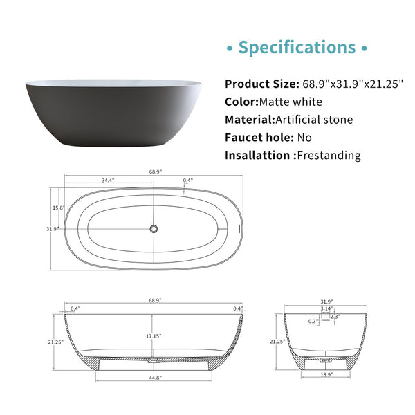 English Elm 69'' Freestanding Resin Stone Soaking Tub Spa Bathing with Polished White Surface W2753P347508