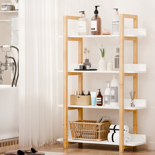 English Elm Multifuction Solid Wood Bookcase with Color-Contrast Shelves, 4-Tier Plant Stand, Sturdy Waterproof Finish W3128P261295