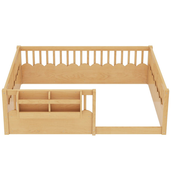 English Elm Twin Low Profile Kids Floor Bed Pine Wood Frame with Safety Rail and Built in Bookshelf Natural W1580P373141