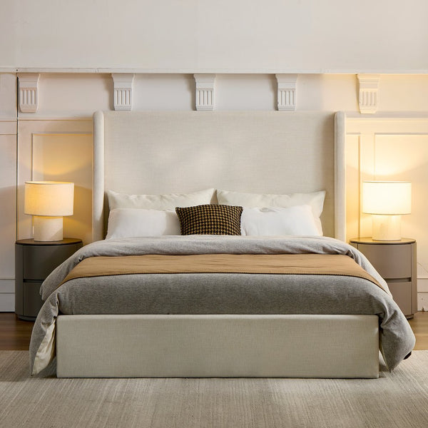 English Elm Caron Upholstered Wingback Bed - 52.3" Headboard, Minimalist Design, Textured Ivory Chenille, Easy Assembly B083P340881