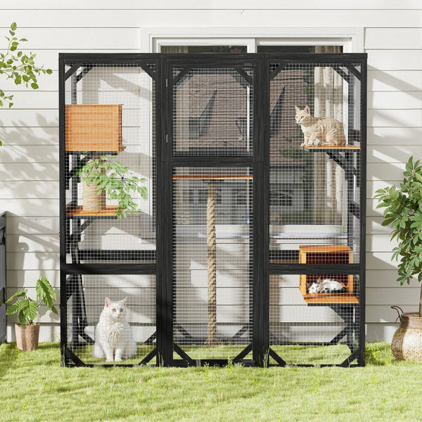 English Elm Outdoor Pine Wood Catio Enclosure with Platforms Condos and Walk-in Access for Cats N719P283198B