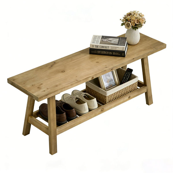 English Elm 43" Farmhouse Cedar Entryway Bench with Lower Shelf Distressed Rustic Wood Seating W3204P453623
