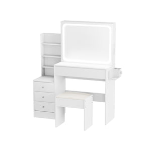 English Elm Vanity LED mirror vanity with 3-mode dimmable lights, power & USB ports, hairdryer holder, stool W1668P197385