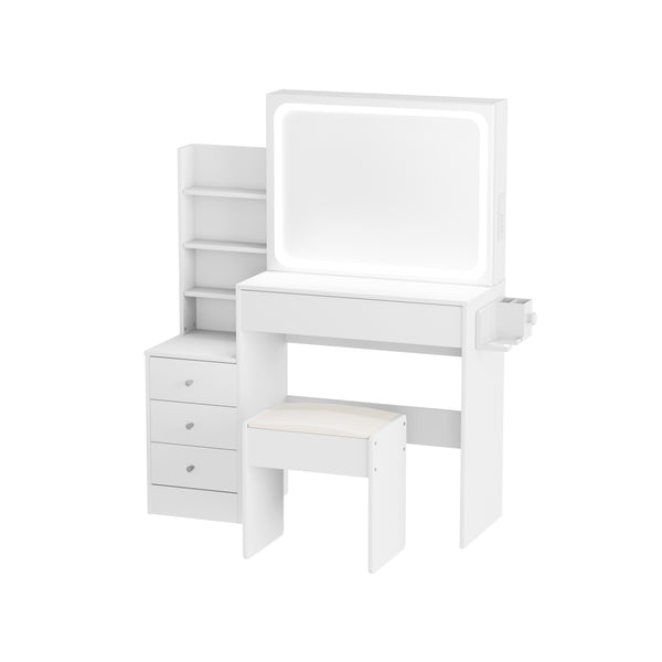 English Elm Vanity LED mirror vanity with 3-mode dimmable lights, power & USB ports, hairdryer holder, stool W1668P197385
