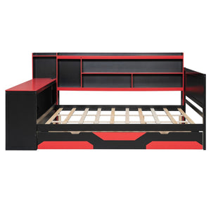 English Elm Queen Gaming Bed Frame with Desk Led Lighting Storage Drawers and Bookcase Headboard Black+Red LP000290AAJ