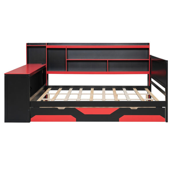 English Elm Queen Gaming Bed Frame with Desk Led Lighting Storage Drawers and Bookcase Headboard Black+Red LP000290AAJ