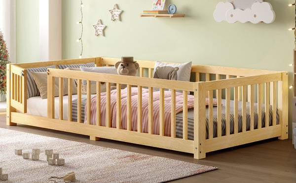 English Elm Twin Twin Size Floor Bed with Safety Guardrails and Playful Door for Kids, Pine/Plywood, Low Profile Natural W1580P338949