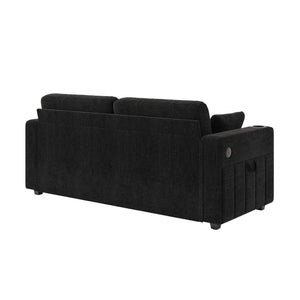 English Elm Sofas for Living Room Chenille Three Seat Couch with Usb Charging Storage and Cup Holder Black W395S00144