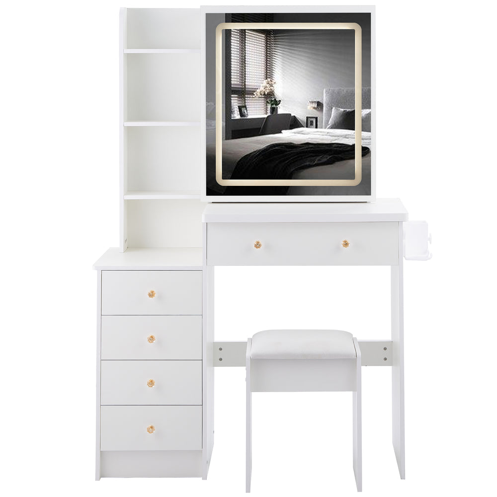 English Elm 37" Stylish Vanity Table Set With Cushioned Stool, Led Mirror, Usb Ports & Hair Dryer Stand - Perfect For Modern Bedrooms! W936P224319