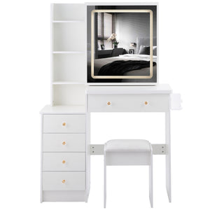 English Elm 37" Stylish Vanity Table Set With Cushioned Stool, Led Mirror, Usb Ports & Hair Dryer Stand - Perfect For Modern Bedrooms! W936P224319