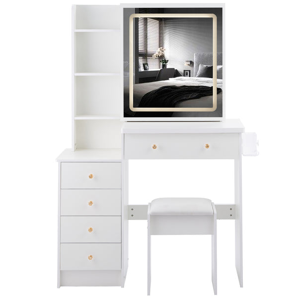 English Elm 37" Stylish Vanity Table Set With Cushioned Stool, Led Mirror, Usb Ports & Hair Dryer Stand - Perfect For Modern Bedrooms! W936P224319