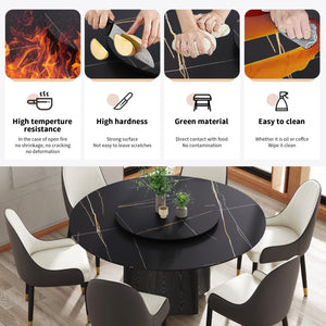 English Elm 59.05" Round Marble Dining Table With Black Oak Base, 31.5" Turntable For Stylish Entertaining Up To 8 W1535S00382
