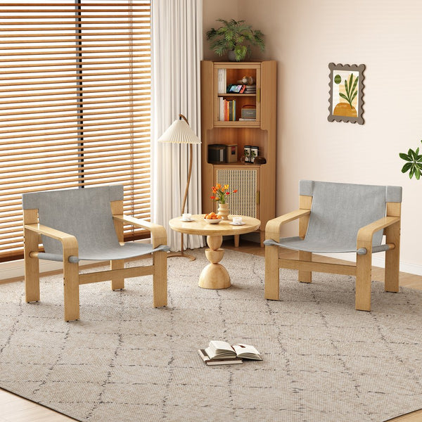 English Elm Detachable Oak Accent Chair with Solid Wood Frame, Wide Armrest, Removable Washable Linen Cover LIGHT GREY W2336P251804