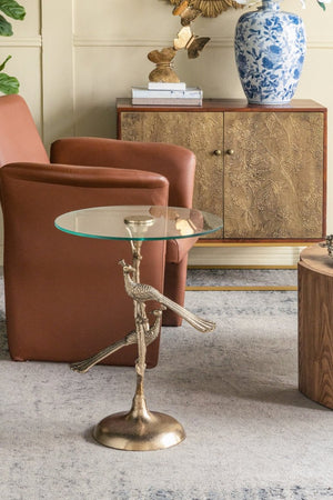 English Elm 17.7x17.7x24" Gold Peacock Round Glass Top Sculptural Aluminum Art Deco Accent Table W2078P461575