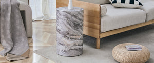 English Elm Simple Marble Textured Cylindrical Side Table Mdf Stone Look Accent for Modern Interiors W1151P291448