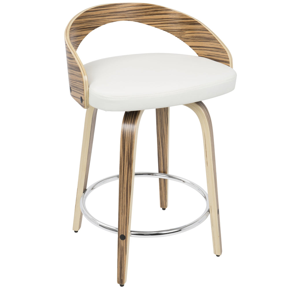 English Elm Grotto Mid-Century Counter Stools Set of 2 — Swivel White Faux Leather Seats with Zebra Wood Legs and Chrome Footrest B202S00068