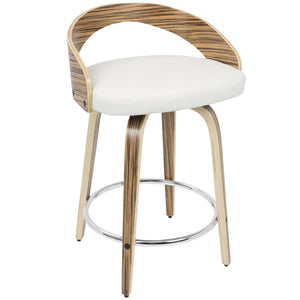 English Elm Grotto Mid-Century Counter Stools Set of 2 — Swivel White Faux Leather Seats with Zebra Wood Legs and Chrome Footrest B202S00068