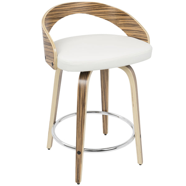 English Elm Grotto Mid-Century Counter Stools Set of 2 — Swivel White Faux Leather Seats with Zebra Wood Legs and Chrome Footrest B202S00068