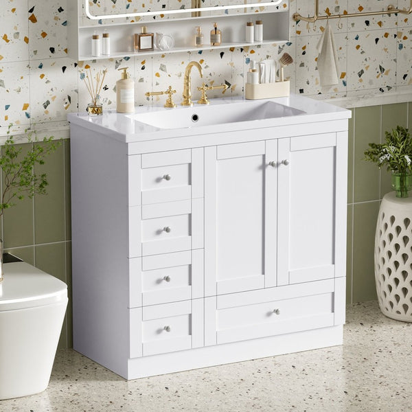 English Elm 36 Inch Shaker Bathroom Vanity with Resin Sink Four Soft Close Drawers Mdf Cabinet White N729P000028K