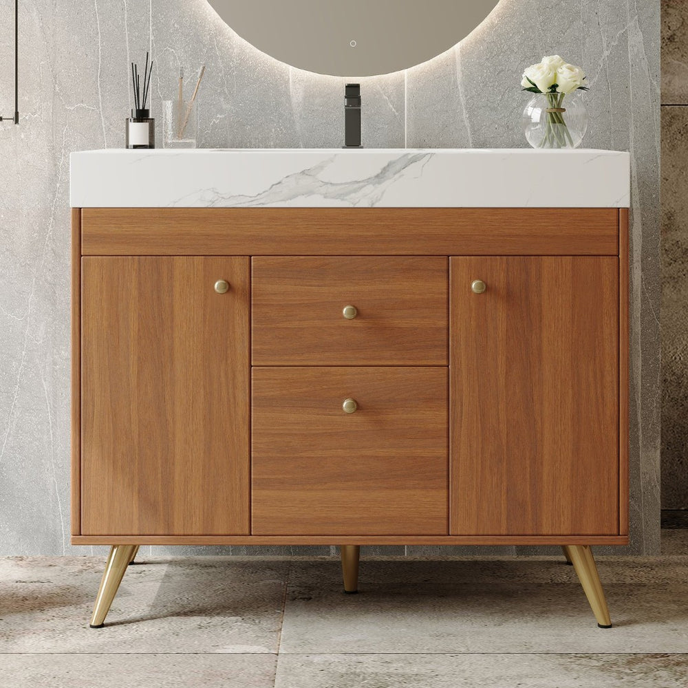English Elm 36" Freestanding Bathroom Vanity Sintered Stone Top Ceramic Sink Stainless Steel Legs Gold,Walnut,White W3136S00074