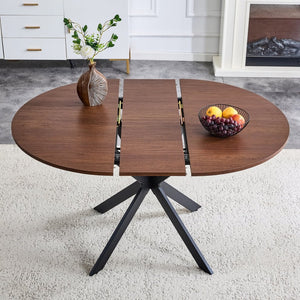English Elm Extendable Round Dining Table Walnut Grain Top Matte Black Base Seats 4 to 6 W3875S00001