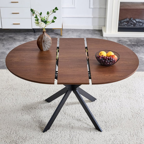 English Elm Extendable Round Dining Table Walnut Grain Top Matte Black Base Seats 4 to 6 W3875S00001