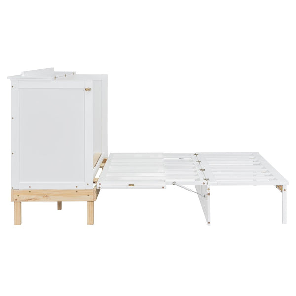English Elm Queen Murphy Wall Bed Solid Pine Cabinet with Drawer Modern Space Saving Design White N708P243886K