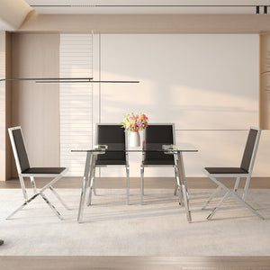 English Elm Table and Chair Set Tempered Glass Top with Silver Metal Legs Modern Luxury Dining for Four Black+Silver,Transparent W1151S04786
