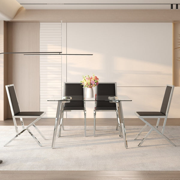 English Elm Table and Chair Set Tempered Glass Top with Silver Metal Legs Modern Luxury Dining for Four Black+Silver,Transparent W1151S04786