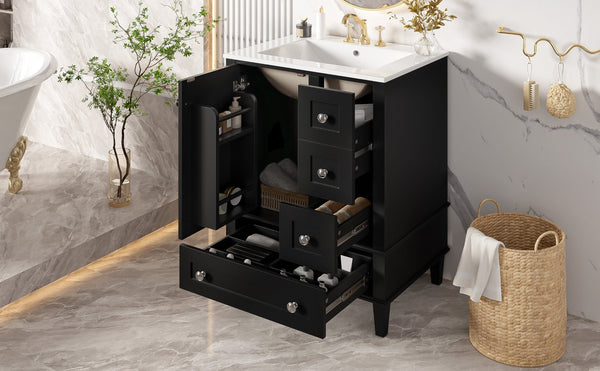 English Elm 24-inch Matte Bathroom Vanity Rubberwood Cabinet with Ceramic Sink and Soft-close Drawers Black N729P377516B