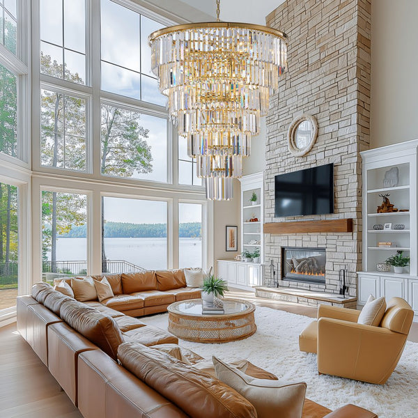 English Elm 40-Inch Gold Tiered Crystal Chandelier, 30-Light E12 with 370 Crystal Rods, Mirror-Polished Frame, LED Kit Included W2869S00023