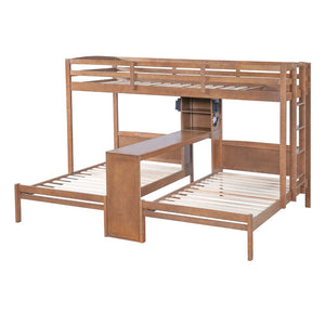 English Elm Twin Triple Bunk Bed with Built in Desk Open Shelving and Led Task Lighting Natural N7090002243N