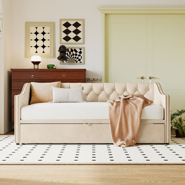 English Elm Twin Upholstered Daybed with Pop-Up Trundle, Space-Saving Guest Bed with Slats, Hydraulic Wheels, 81.9" L Beige SF000133AAA