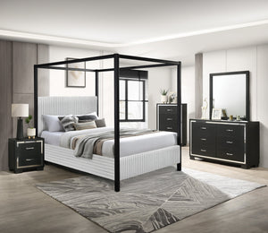 English Elm 1pc Modern Queen LED Faux Leather Upholstery Panel Bed with Tufted Headboard, Textured Footboard Glam Finish Light Gray 86.5 L x 11.5 W x 5.5 H B2741S00540