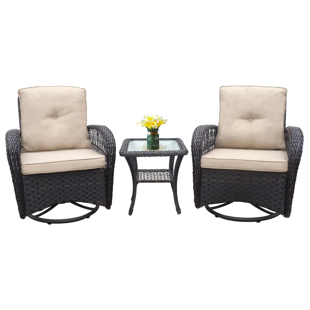 English Elm 3 Piece Outdoor Wicker Swivel Rocker Bistro Set with Tempered Glass Top Side Table Khaki+Brown W2749P185927