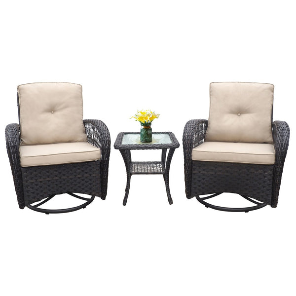 English Elm 3 Piece Outdoor Wicker Swivel Rocker Bistro Set with Tempered Glass Top Side Table Khaki+Brown W2749P185927