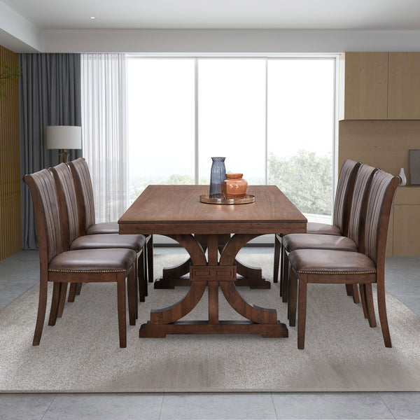 English Elm 78.74''Rectangular Rubber Wood Dining Table for 6-8 with Trestle Pedestal Base, Mid-Century Modern Oak Finish, Durable MDF Top, Easy Assembly, Versatile Dining Room Centerpiece W2582S00116