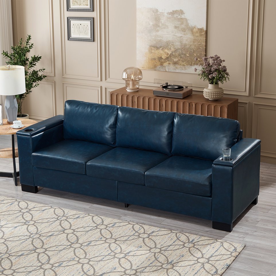 English Elm 93.7" Modern Living Room Sofa with Cup Holder & Hidden Storage, Upholstered Polyester, Durable Frame Navy Blue W1097S00202