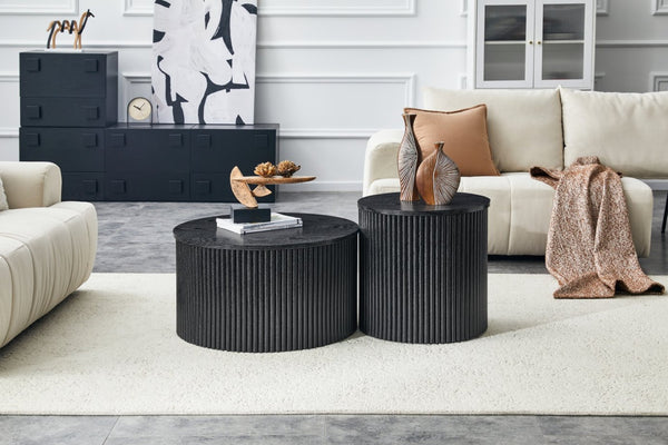 English Elm 2-piece Nesting Round Tables Roman Column Base with Storage Black Wood Grain Living Room W3875P396796