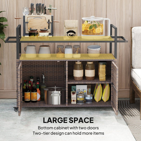 English Elm Outsunny Pe Rattan Outdoor Bar Cart with Tempered Glass Top and Storage Cabinet W2225P485624