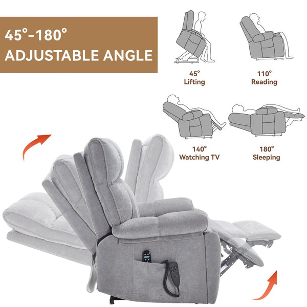 English Elm Beige Chenille Power Lift Recliner Dual Motor Massage Heat 350 Lb Capacity Gray W1803P264031