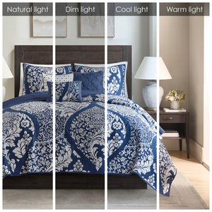 English Elm 6 Madison Park Vienna Reversible Cotton Quilt Set with Damask Print, Flange Edge & Embroidered Pillows Indigo 23.23 L x 18.5 W x 11.81 H B03597520