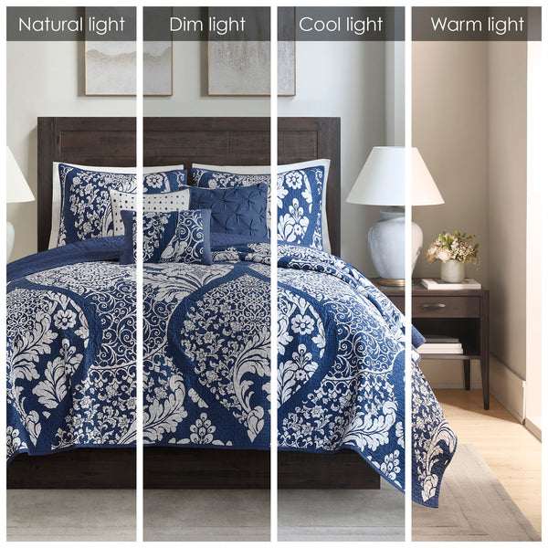 English Elm 6 Madison Park Vienna Reversible Cotton Quilt Set with Damask Print, Flange Edge & Embroidered Pillows Indigo 23.23 L x 18.5 W x 11.81 H B03597520
